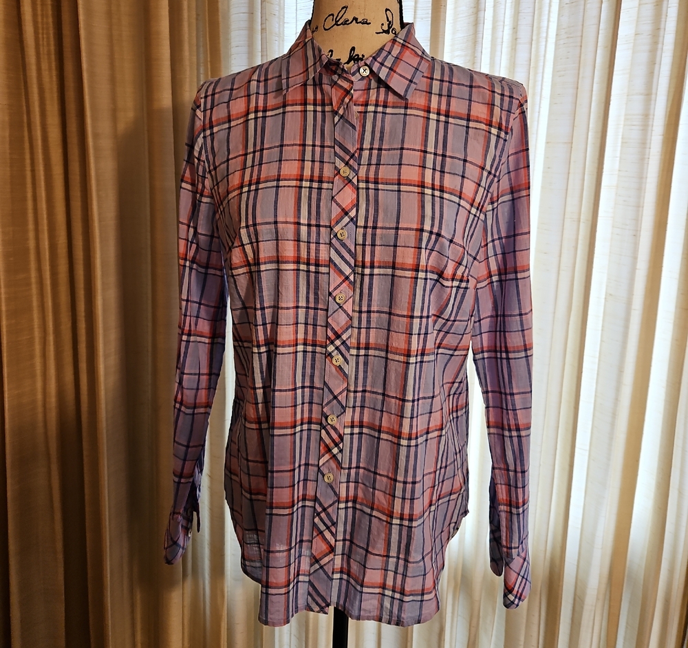 Talbots Lavender Plaid Button-Down Shirt with Coral and Navy Accents